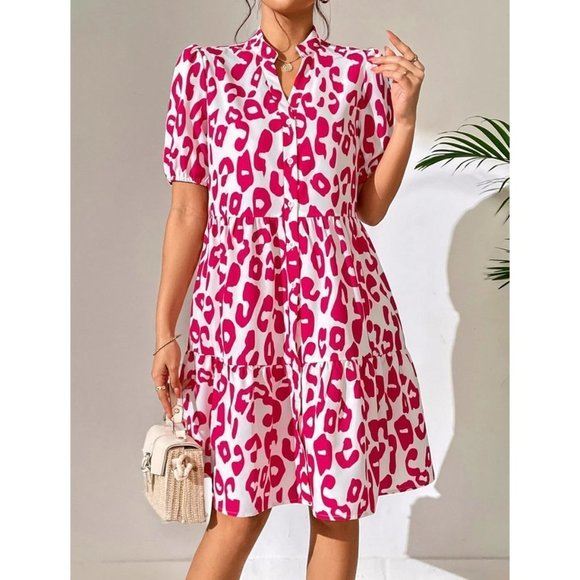 Pink Boho Leopard Print Button Through Puff Sleeve Dress - Picture 5 of 5